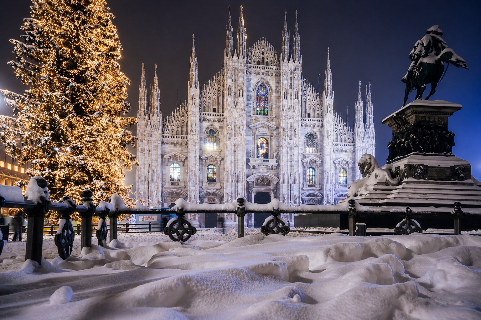 Snowy Milan Duomo at night